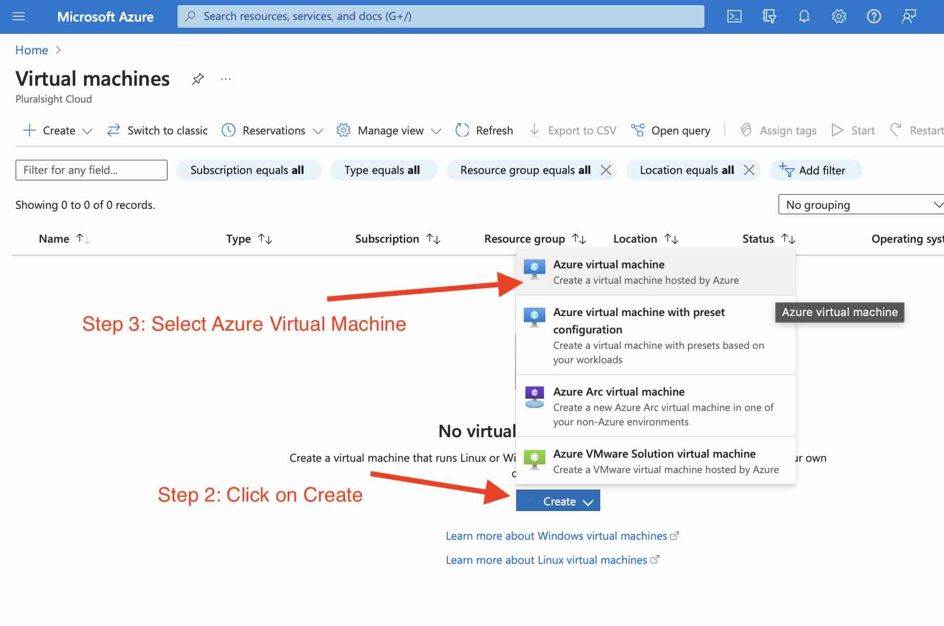 Step 2 - Click on Create and Select Azure Virtual Machine